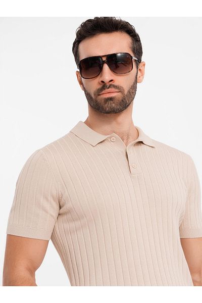 OMBRE Herren Poloshirt SLIM FIT aus Viskose mit vertikalen Streifen - Beige V2 OM-POSS-0143 M