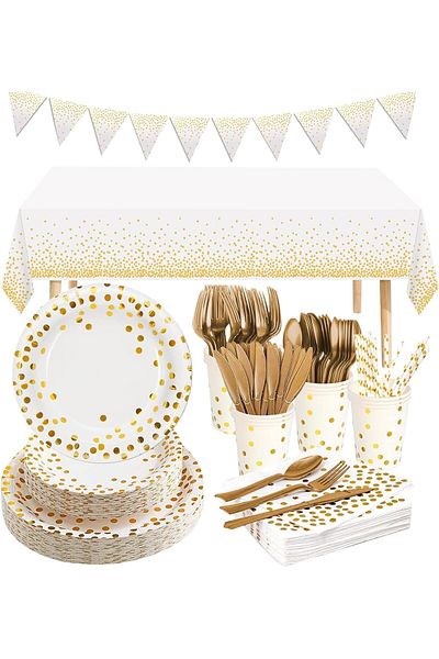 COOYA Party Tableware, 98 Pcs White, for Weddings, Anniversary, 12 Guests, Gold