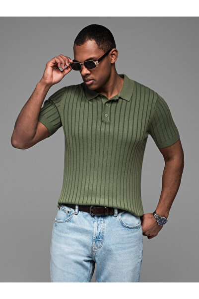 OMBRE Herren Poloshirt SLIM FIT aus Viskose mit vertikalen Streifen - oliv V4...