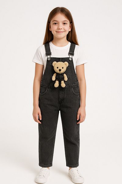 Trend Bebe Butik Plush Teddy Bear Detailed Girl's Denim Salopet Jumpsuit 3-10 Years Old Comfortable Daily Summer Denim Outfit