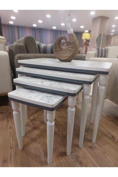 AKSET 4lü Lüx Zigon Sehpa Beyaz Mermer Antrasit