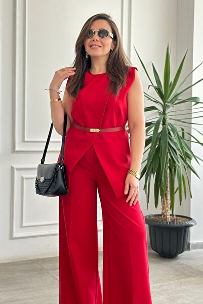 Yağmur Butik Yakası Şal Düğmeli Yeleği Kemerli Pantolonlu Takım