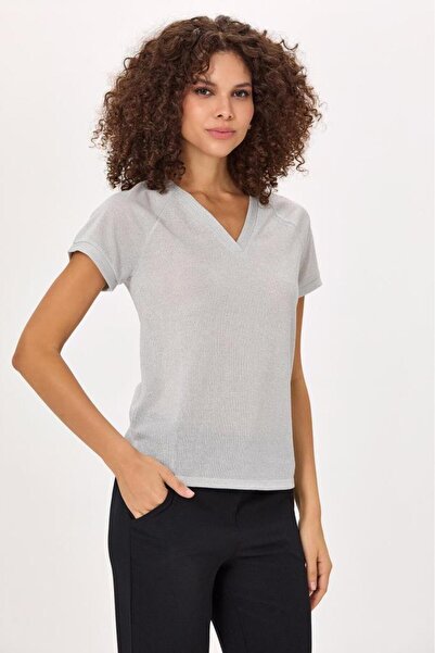 İKİLER V Yaka Kısa Kol Simli Bluz 025-1003