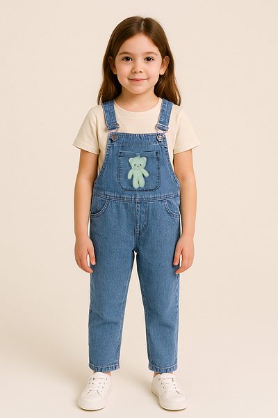 Trend Bebe Butik Plush Teddy Bear Detailed Girl's Denim Salopet Jumpsuit 3-10 Years Old Comfortable Daily Summer Denim Outfit