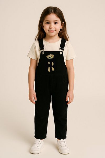 Trend Bebe Butik Plush Teddy Bear Detailed Girl's Denim Salopet Jumpsuit 3-10 Years Old Comfortable Daily Summer Denim Outfit