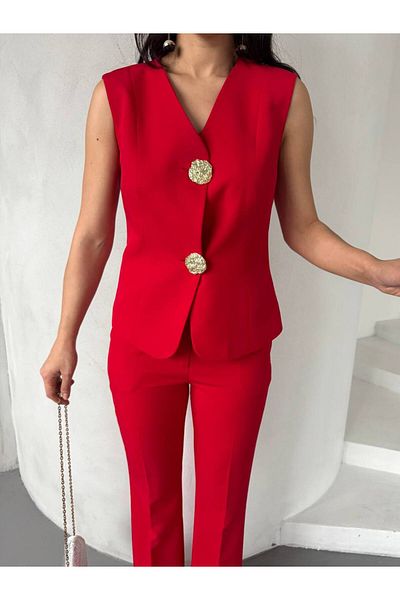 buqre's moda Women's Big Button Detailed Vest Pants Double Set