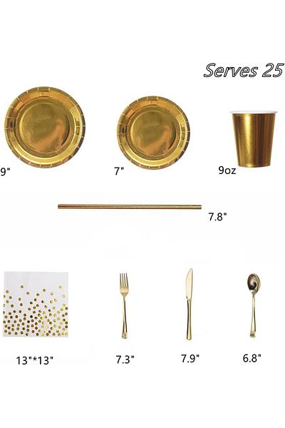 COOYA 25 Pcs Disposable Paper Dinnerware, Plates, Napkins and Cups, Straws Plastic Forks Knives Spoons