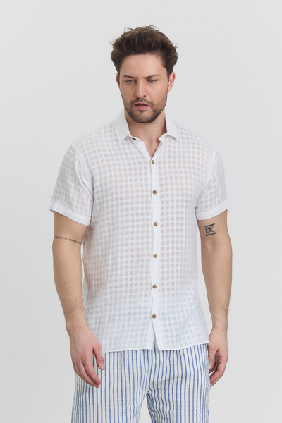 TCT TEKSTİL Ανδρικό πουκάμισο - Μουσελίνα βάφλα καρό γιακά κοντομάνικο πουκάμισο - 4045