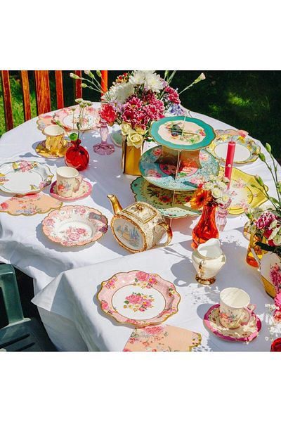 COOYA 24PCS Disposable Tableware, Afternoon Tea Vintage Floral Paper Plates for Party