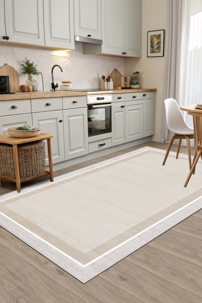 West Home Makinede Yıkanabilir Kaymaz Taban Leke Tutmaz Bej Çizgili Salon Halısı Mutfak Halısı ve Yolluk