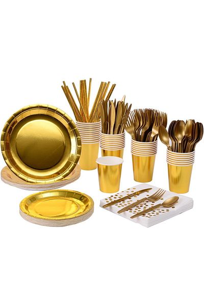 COOYA 25 Sets Disposable Paper Dinnerware, Party Supplies, Include Plates, Straws, for Wedding Birthday