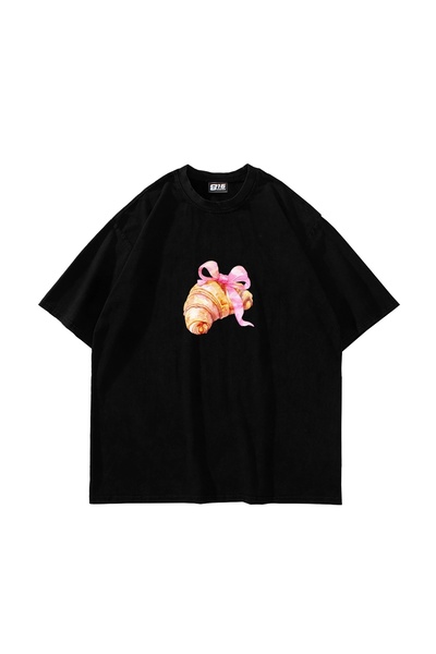 Bak Moda Bow Croissant Štampano Oversize kroj Unisex crna majica