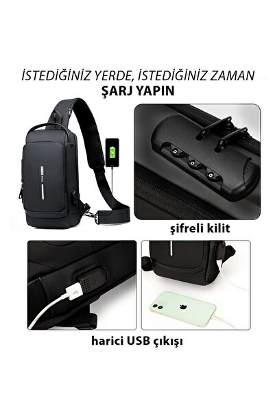 Newish Erkek Siyah Vegan Deri Ayarlanabilir Çapraz Askılı Göğüs Omuz Ve Bel Mini Sırt Çantası