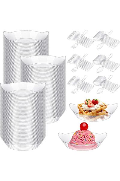 COOYA Small Disposable Plastic Tableware, Plates, Forks & Spoons, for Dishes Appetizer Dessert (100 Pack)