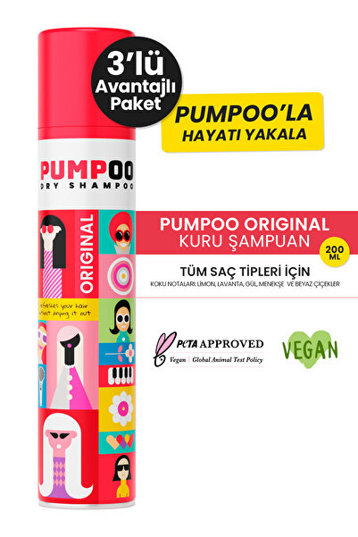 Pumpoo Original Kuru Şampuan 200 ml | Ferah Saç Görünümü | Beyaz Kalıntı Bırakmaz X3 Adet