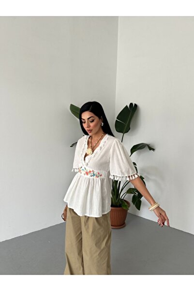 BRGCLOTHING Γυναικεία καλοκαιρινή φούντα, κεντημένη μπλούζα με μανίκια τριών τετάρτων