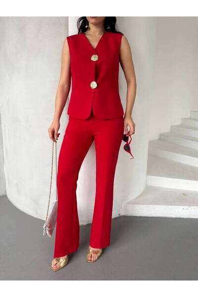 buqre's moda Women's Big Button Detailed Vest Pants Double Set