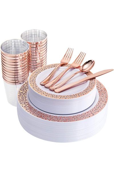 COOYA Disposable Tableware, 175 PCS Rose Gold Plastic Dinnerware, for Party