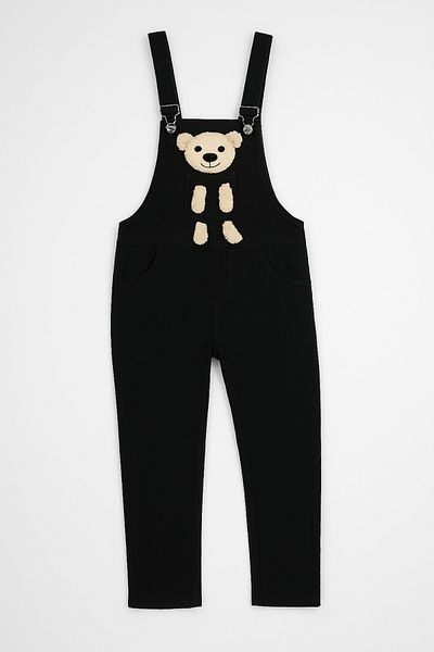 Trend Bebe Butik Plush Teddy Bear Detailed Girl's Denim Salopet Jumpsuit 3-10 Years Old Comfortable Daily Summer Denim Outfit