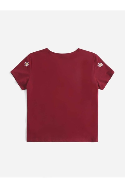 PENTHİLUS T-Shirt with Short Sleeves, Round Neck, Light and Flexible, with a Small Rose Print.