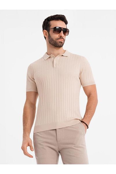 OMBRE Herren Poloshirt SLIM FIT aus Viskose mit vertikalen Streifen - Beige V2 OM-POSS-0143 M