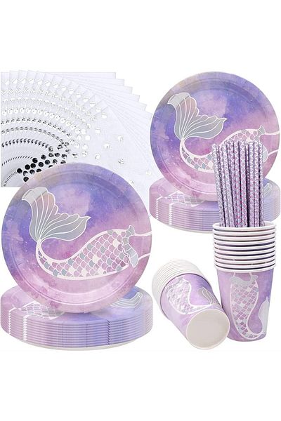 COOYA Disposable Party Tableware, Mermaid Party Tableware Kit, for Wedding, Barbecue Parties(75 Pcs)