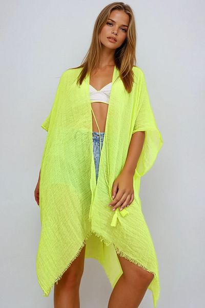 VAGGON Kimono de damă din bumbac oversize verde neon Prmx6671