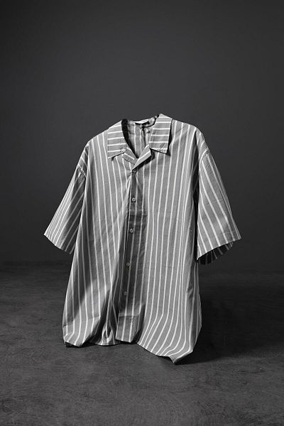 Slatra Men's Khaki Thick Striped Oversize Short Sleeve Shirt
