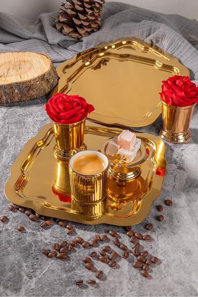 NEWTREND Züccaciye 3-Piece Luxury Gold Daisy Model Stainless Steel Serving, Tea, Coffee, Refreshment, Dowry and Presentation Tray