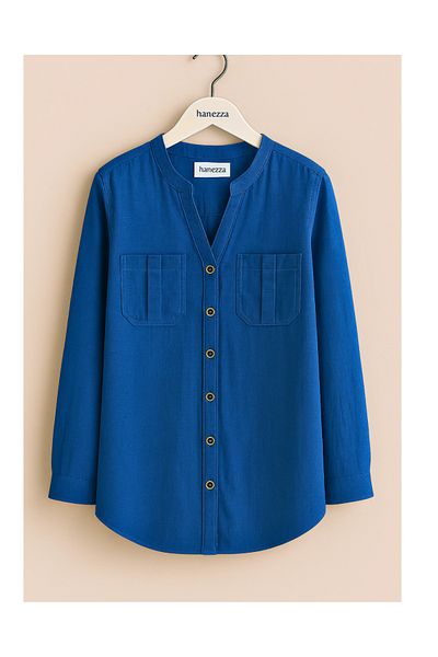 Hanezza Large Size Linen Shirt - Saks Blue Judge Collar Fold Sleeve