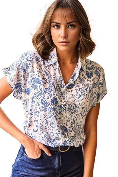 Cassime Жіноча сорочка з короткими рукавами, з ґудзиками у вигляді кажанів і синіми квітами, з віскози