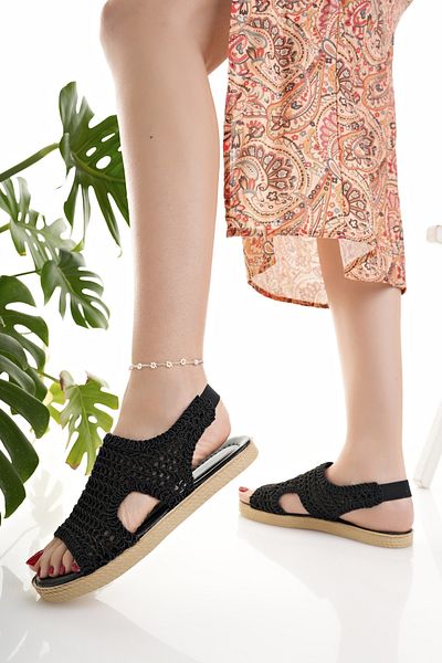 Modafırsat Women's Straw Sandals Black Mesh Lace Knitwear Embroidery Embroidered New Season Summer Home Beach Vacation Sandals