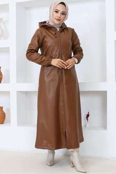 giyze Μακρύ Hijab Δερμάτινο Trench-Cap Brown 1250