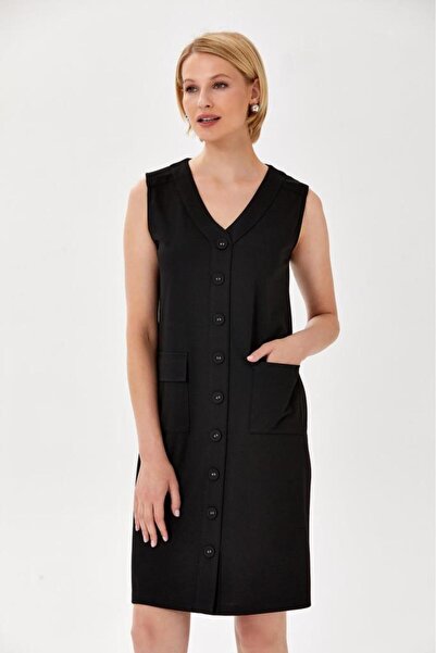 İKİLER V Yaka Önü Düğmeli Cep Detaylı Elbise 024-2506