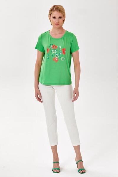 İKİLER Yuvarlak Yaka Önü Baskılı Kısa Kol Bluz 024-1007