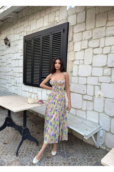 LOCH BUTİK Kadın Sırtı Bağlamalı Midi Yırtmaç Detaylı Askılı Çiçek Desenli Elbise