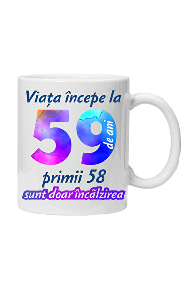 OEM Cana albă personalizată „Viața începe la”, 59 de ani, INOVATIX®. 330 ml