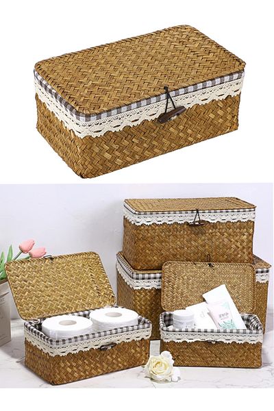 Bahçem Bamboo Multi-Purpose Basket Organizer Organizer Lined with Lace Edge Set of 4