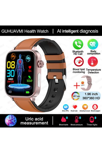 Choice Brown Leather 2025 New Al Science Diagnosis Blood Lipids Uric Acid Blood Oxygen Smart Watch Men Ecg