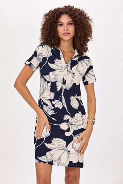 İKİLER Kısa Kol Polo Yaka Desenli Elbise 025-2509