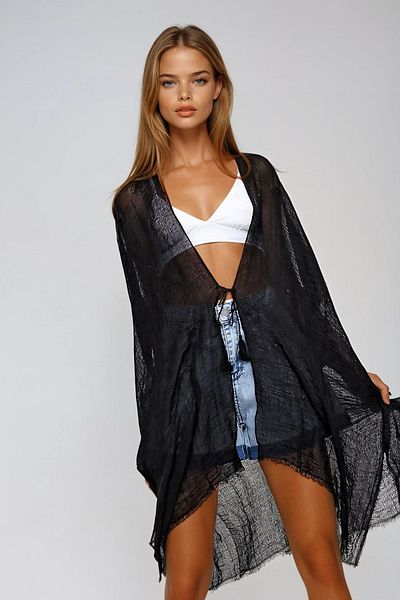 VAGGON Kimono negru oversize din bumbac pentru femei Prmx6469