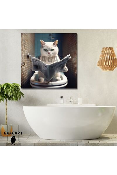 GAAGART Tekli Kare Kanvas Banyo Tablosu Gazete Okuyan Yeşil Gözlü Beyaz Kedi