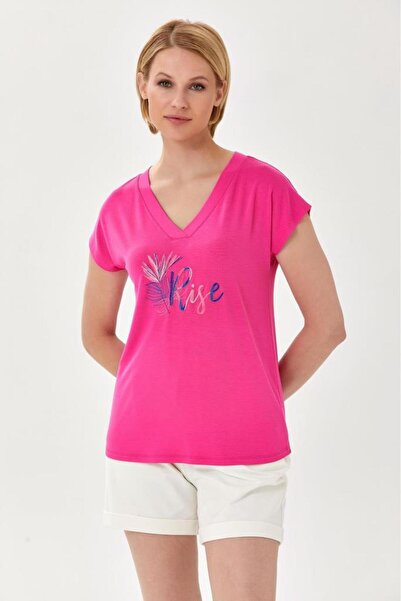 İKİLER V Yaka Nakış Detaylı Düşük Kol Bluz 024-1001