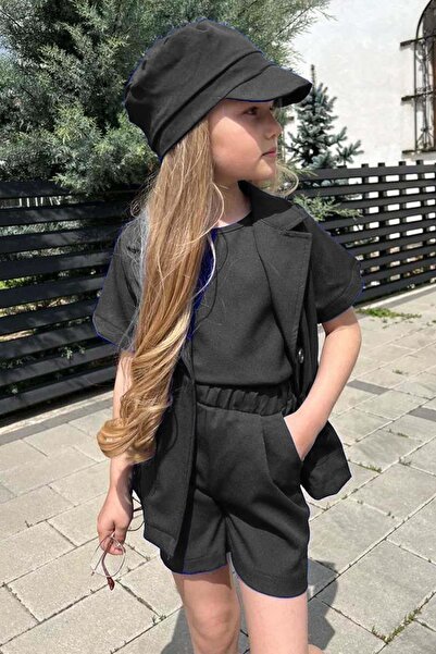 Riccotarz Girl's Sleeveless Combed Cotton Blouse Short Sleeve Blazer Jacket Hat Black Shorts Suit
