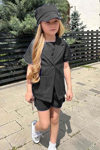 Riccotarz Girl's Sleeveless Combed Cotton Blouse Short Sleeve Blazer Jacket Hat Black Shorts Suit