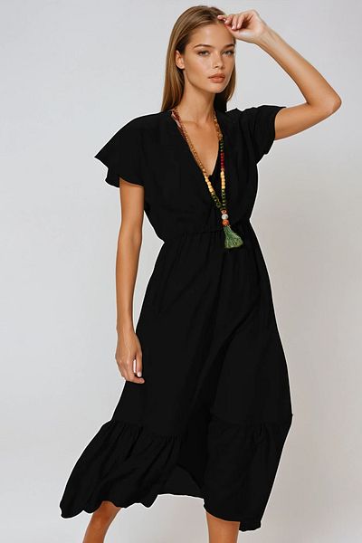 VAGGON Women's Black Striped Patterned Double Breasted Maxi Dress Vgn-X4373