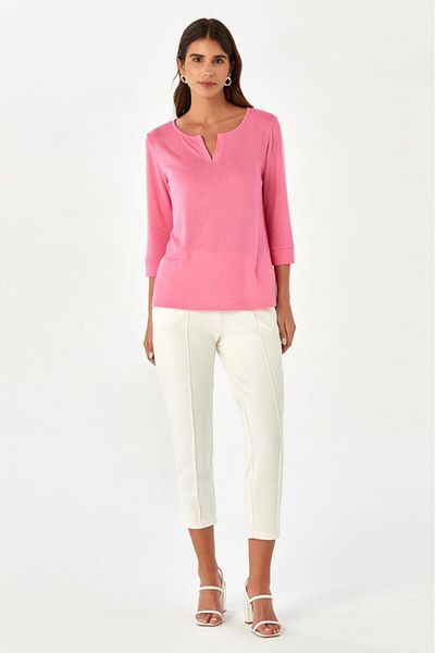 İKİLER Mini Placket Round Neck Three Quarter Sleeve Blouse - 024-1016