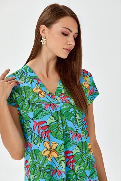 İKİLER V Yaka Mini Kol Desenli Elbise 024-2505