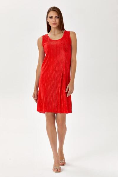 İKİLER Yuvarlak Yaka Pileli Kolsuz Elbise 024-2521