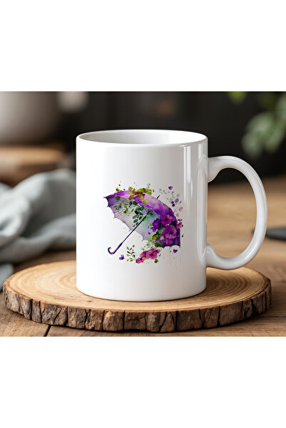 BB TRADE White Ceramic Printed Mug with Purple Umbrella Design 330ml